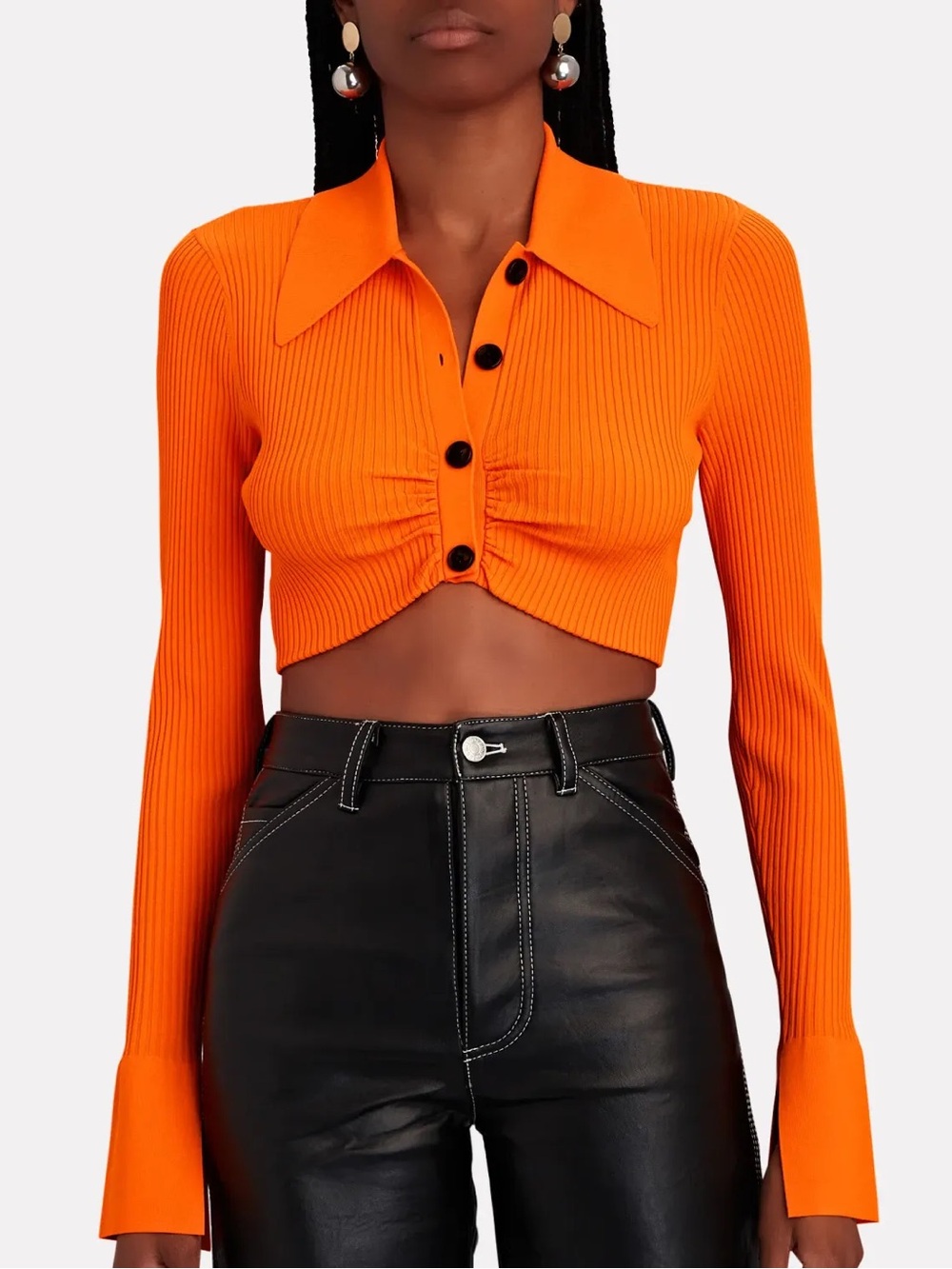 A.L.C. Orange Cropped Ribbed Button Polo